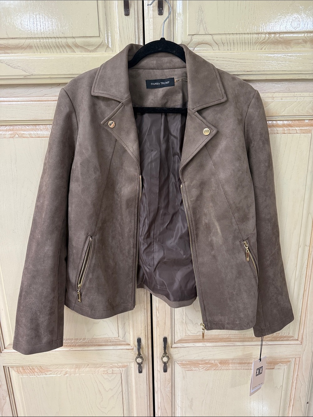 Ivanka Trump Taupe Suede Moto-Style Jacket with Gold Hardware